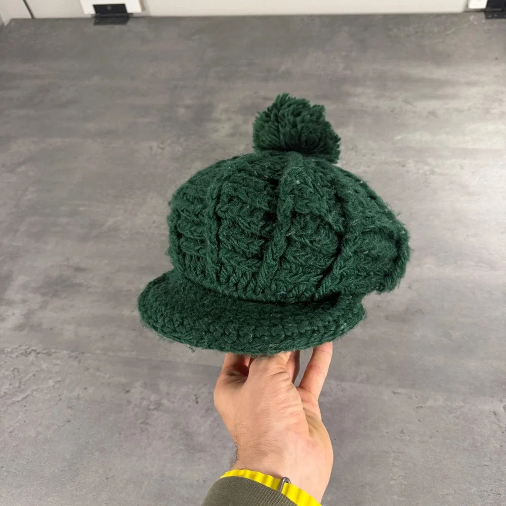 Vintage 70s Kmart Newsboy Cap Trucker Forest Green Cable Knit Pom Pom Beanie Hat - Picture 2 of 6